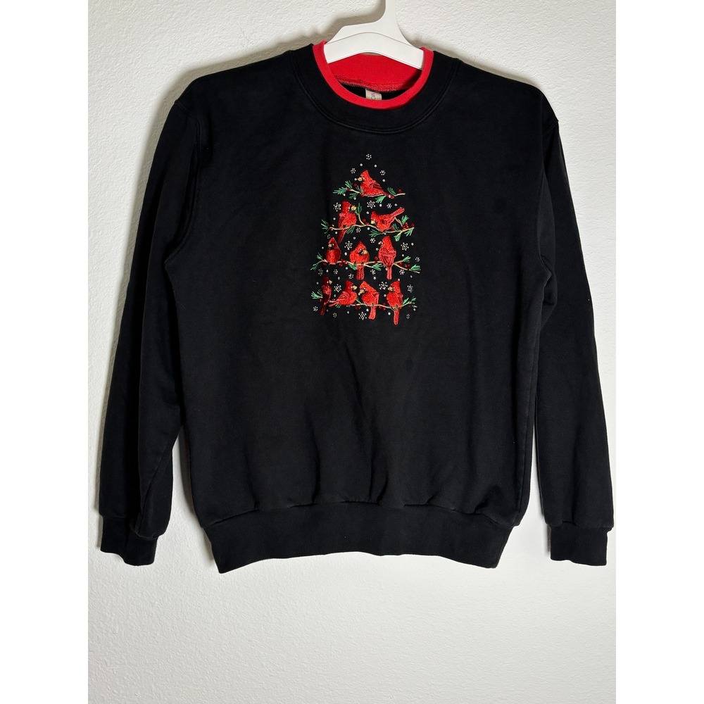Morning Sun Cardinal Bird Tree Rhinestone Sweatshirt Black Red Double Collar M